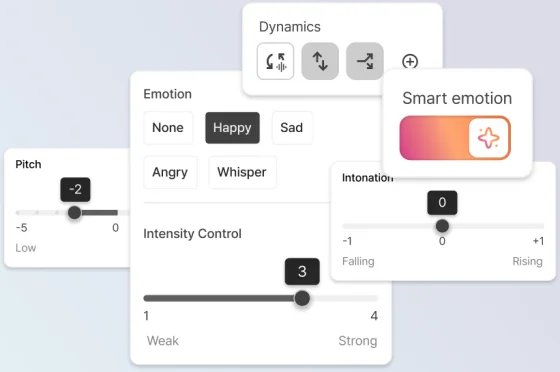 AI voice editor with pitch, emotion, intensity, and dynamics controls