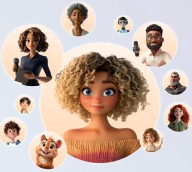 A diverse cast of AI voice actor characters